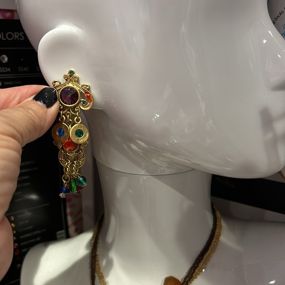 Vintage Designer Antiqued Gold with Jewel Tone Crystals Earrings-Boutique - Picture 4 of 8